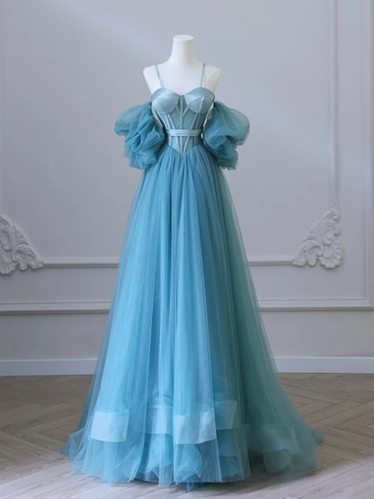 Robe de bal longue en tulle bleu, col bustier en A P637