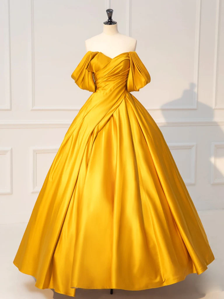 Ball Gown Sweet 16 Dress Yellow Off Shoulder Satin Long Prom Dress P63 – PreppyDress