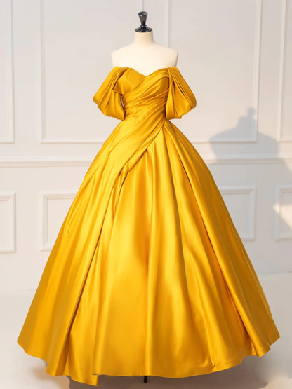 short gold sweet 16 dresses Ball Gown Sweet 16 Dress Yellow Off Shoulder Satin Long Prom Dress P63 –  PreppyDress
