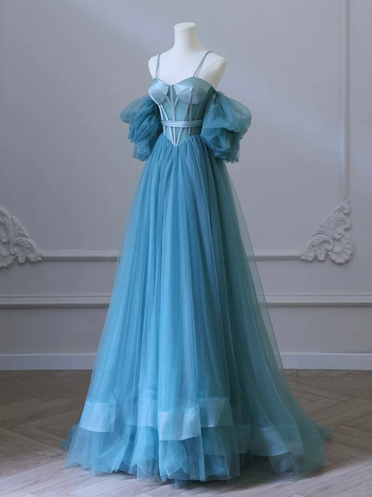 Robe de bal longue en tulle bleu, col bustier en A P637