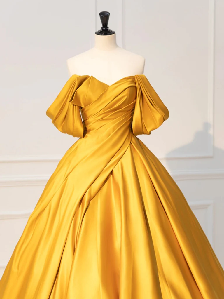 Ball Gown Sweet 16 Dress Yellow Off Shoulder Satin Long Prom Dress P63 – PreppyDress