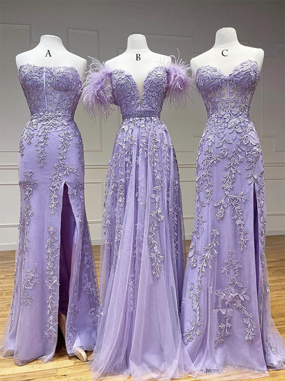 Une Robe de Bal Longue en Tulle et Dentelle Lilas Coupe Droite P639