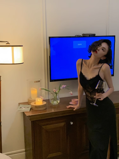 Robe de soirée sexy noire en dentelle avec bretelles Sirène Tenues d'anniversaire 21 ans P683