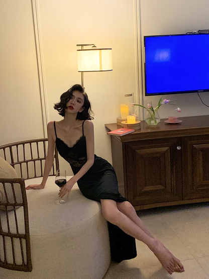 Robe de soirée sexy noire en dentelle avec bretelles Sirène Tenues d'anniversaire 21 ans P683