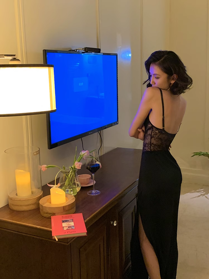 Robe de soirée sexy noire en dentelle avec bretelles Sirène Tenues d'anniversaire 21 ans P683
