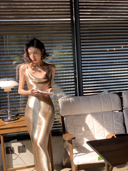 Sexy Meerjungfrau Träger Gold Satin Ballkleid Outfits zum 21. Geburtstag P684