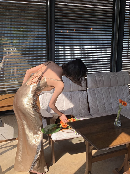 Sexy Meerjungfrau Träger Gold Satin Ballkleid Outfits zum 21. Geburtstag P684