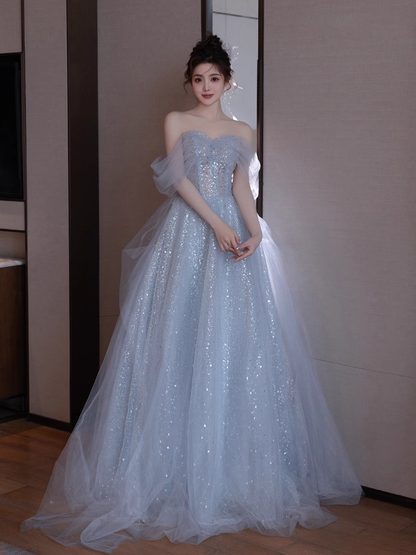 Une ligne épaules dénudées en tulle gris, robes de soirée longues pour le bal de promo P723