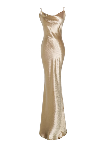 Sexy Meerjungfrau Träger Gold Satin Ballkleid Outfits zum 21. Geburtstag P684