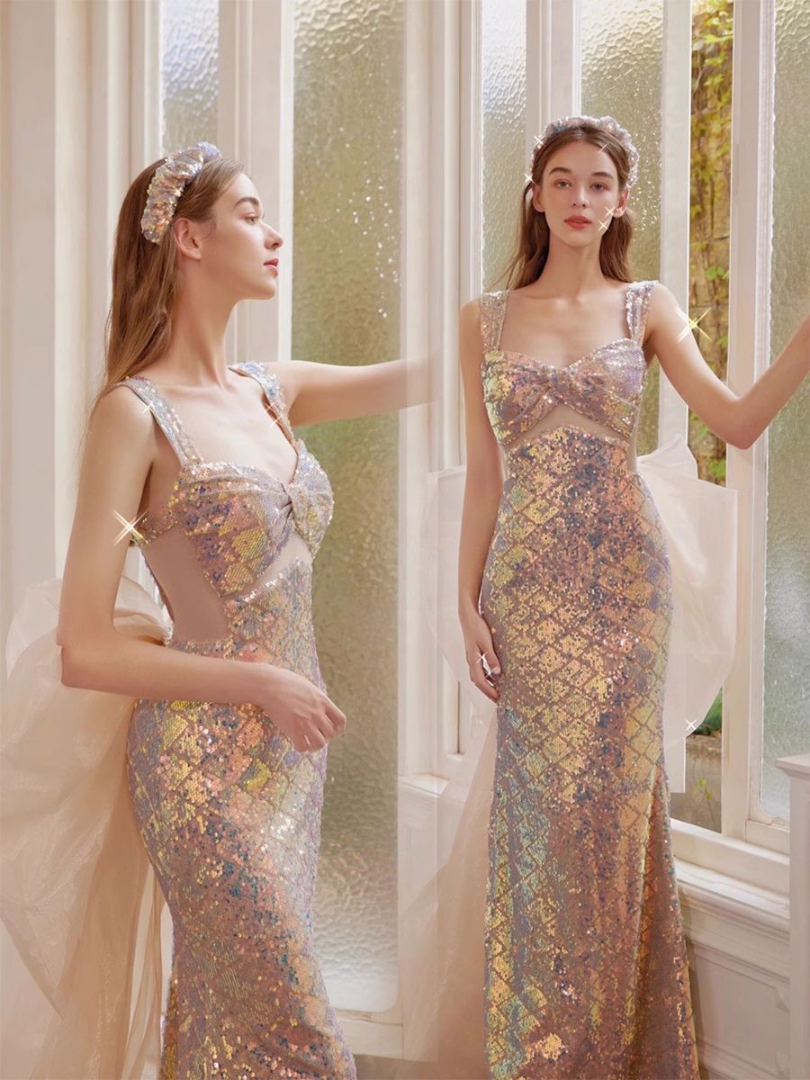Sparkly Mermaid Straps Sequin Party Dresses Long Prom Dresses P729