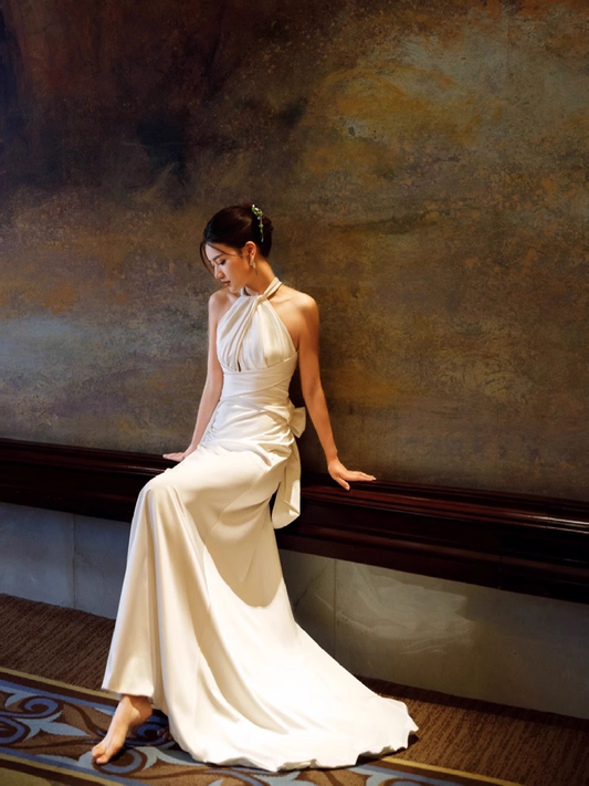 Simple Mermaid Halter Party Dresses Long White Prom Dresses P731