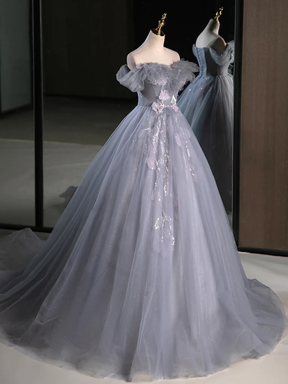 Robe de bal longue bleu gris en tulle et dentelle à épaules dénudées coupe évasée P733