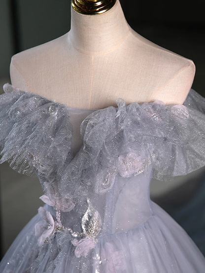 Robe de bal longue bleu gris en tulle et dentelle à épaules dénudées coupe évasée P733