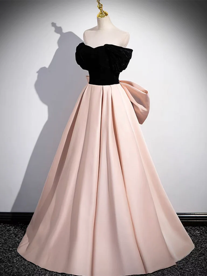 Robe de bal longue en satin rose, coupe trapèze, épaules dénudées P737