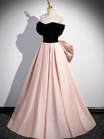 Robe de bal longue en satin rose, coupe trapèze, épaules dénudées P737
