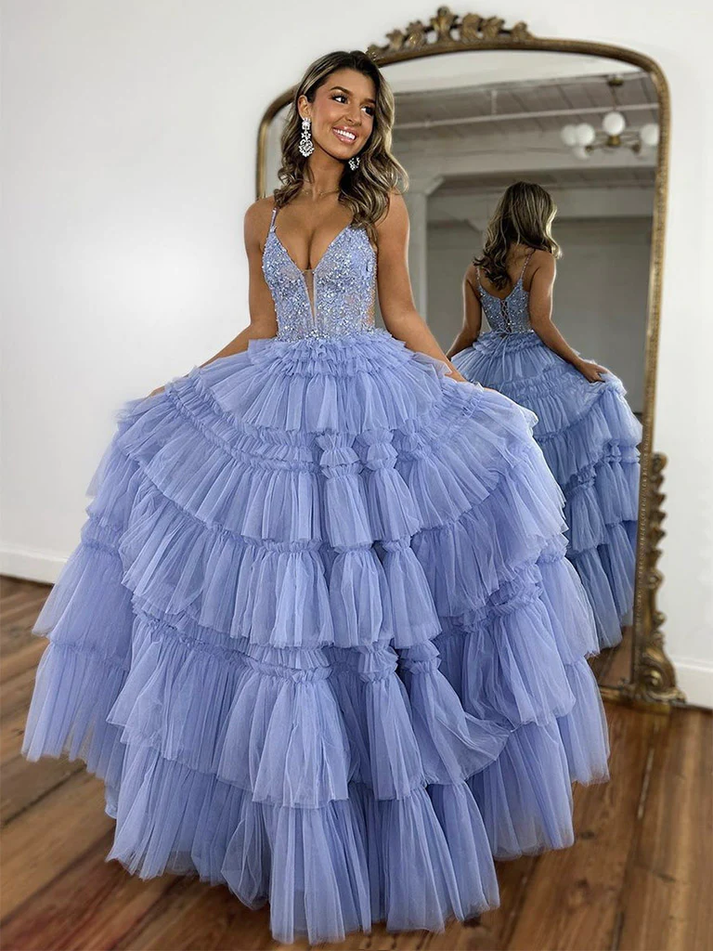 Ball Gown V-neck Long Sleeves Floor-Length Lace Tulle Prom Dresses main image 0