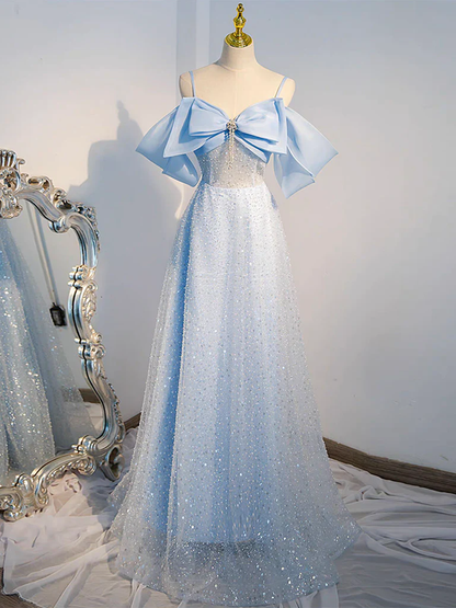 Robe de bal longue bleu à sequins en tulle coupe évasée P739