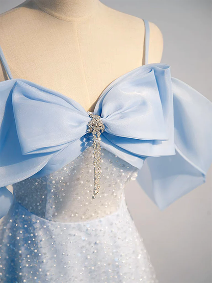 Robe de bal longue bleu à sequins en tulle coupe évasée P739