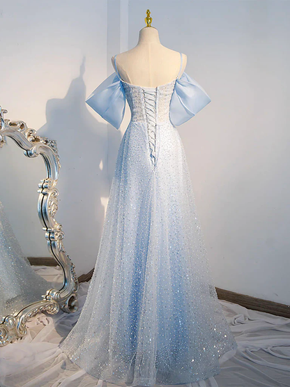 Robe de bal longue bleu à sequins en tulle coupe évasée P739
