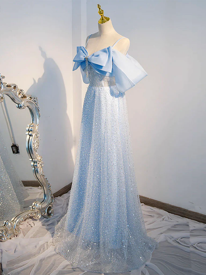 Robe de bal longue bleu à sequins en tulle coupe évasée P739