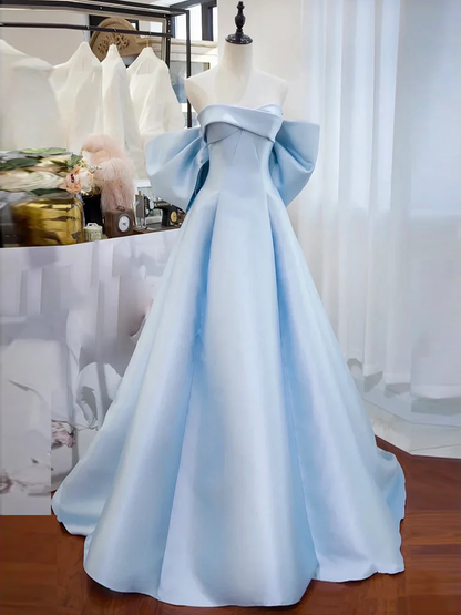 Schlichtes A-Linien-Trägerloses Satin-Blaues Langes Ballkleid P740