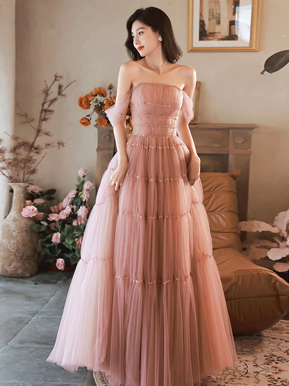 Einfaches rosafarbenes, schulterfreies, langes A-Linien-Ballkleid P741