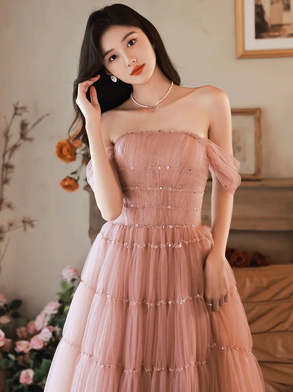 Einfaches rosafarbenes, schulterfreies, langes A-Linien-Ballkleid P741