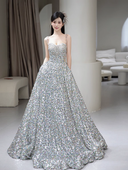 Robe de soirée à bretelles en A, robe de bal longue à paillettes P779