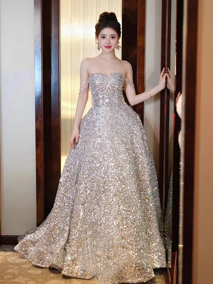Robe de soirée à bretelles en A, robe de bal longue à paillettes P779