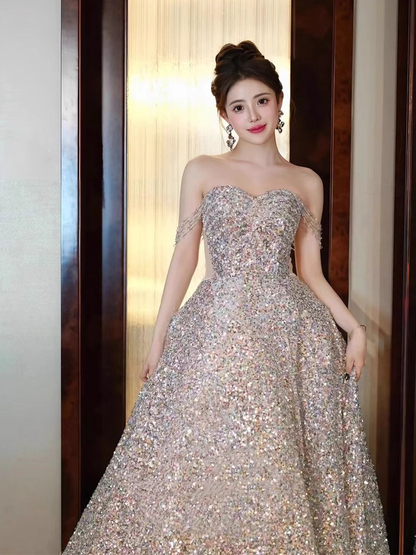 Robe de soirée à bretelles en A, robe de bal longue à paillettes P779