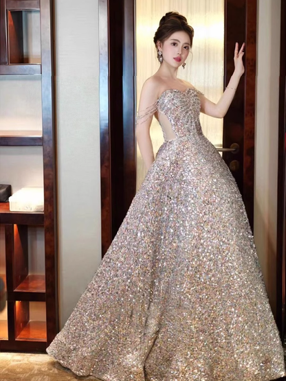 Robe de soirée à bretelles en A, robe de bal longue à paillettes P779