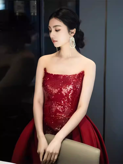 Sexy Meerjungfrau Trägerloses Ärmelloses Partykleid Rot Langes Ballkleid P864