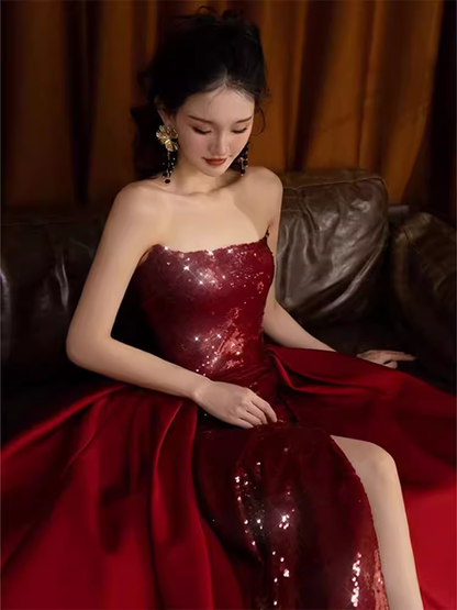 Sexy Meerjungfrau Trägerloses Ärmelloses Partykleid Rot Langes Ballkleid P864