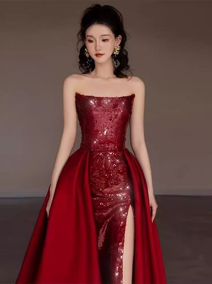 Sexy Meerjungfrau Trägerloses Ärmelloses Partykleid Rot Langes Ballkleid P864
