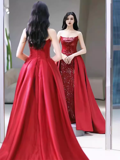 Sexy Meerjungfrau Trägerloses Ärmelloses Partykleid Rot Langes Ballkleid P864