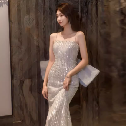 Sexy Meerjungfrau-Träger-Partykleid Pailletten Langes Ballkleid P866