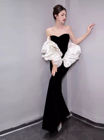 Meerjungfrau trägerloses Partykleid Schwarz Langes Ballkleid P869