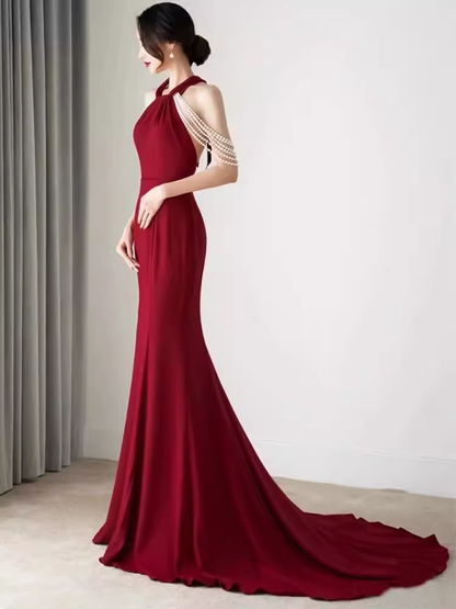 Meerjungfrau Neckholder Partykleid Rot Langes Ballkleid P870