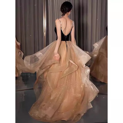 Robe de soirée longue en tulle et champagne avec bretelles P872
