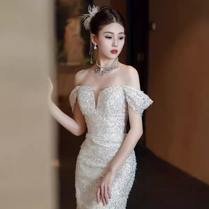 Meerjungfrau Pailletten Off-Shoulder Partykleid Langes Ballkleid P873