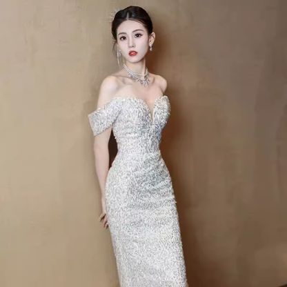 Meerjungfrau Pailletten Off-Shoulder Partykleid Langes Ballkleid P873
