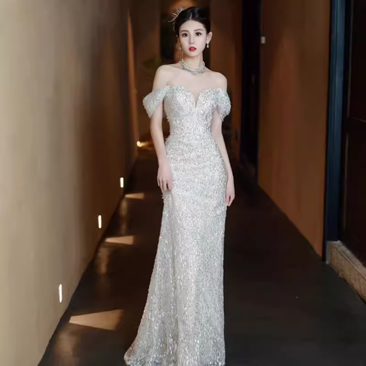 Mermaid Off The Shoulder Sequin Party Dress Long Prom Dress P873