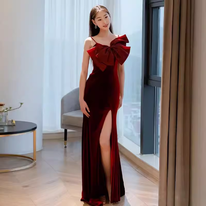 Meerjungfrauen-Träger Samt Rotes Partykleid Langer Schlitz Ballkleid P875