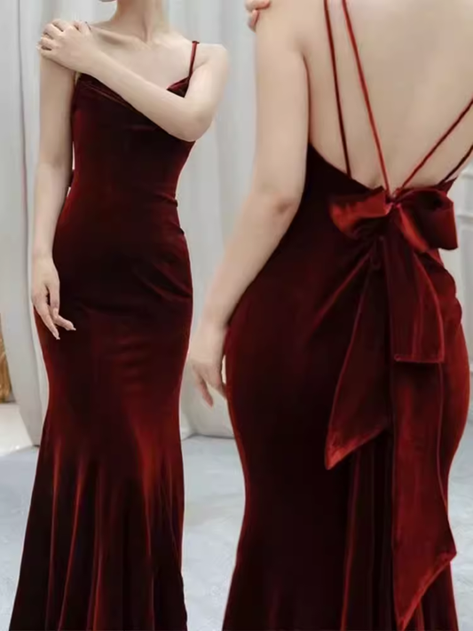 Mermaid Straps Velvet Red Party Dress Long Backless Prom Dress P876