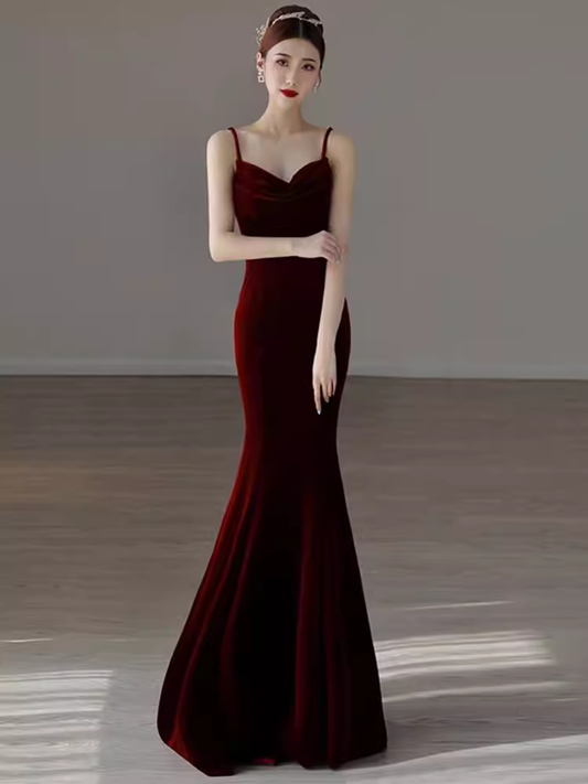 Mermaid Straps Velvet Red Party Dress Long Backless Prom Dress P876
