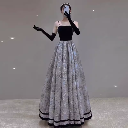 Robe de soirée en velours noir à bretelles A-line, longue robe de bal P877