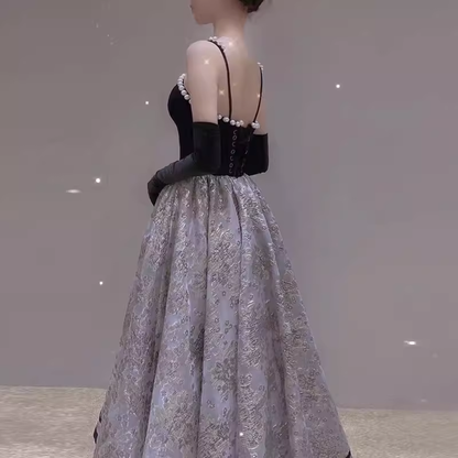 Robe de soirée en velours noir à bretelles A-line, longue robe de bal P877