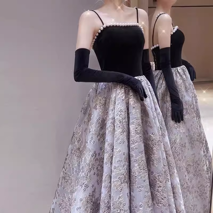 Robe de soirée en velours noir à bretelles A-line, longue robe de bal P877