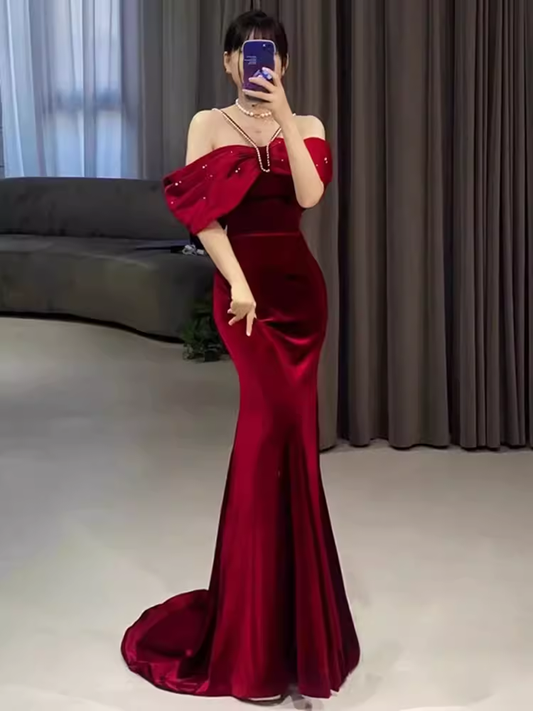 Mermaid Halter Red Velvet Party Dress Long Prom Dress P879