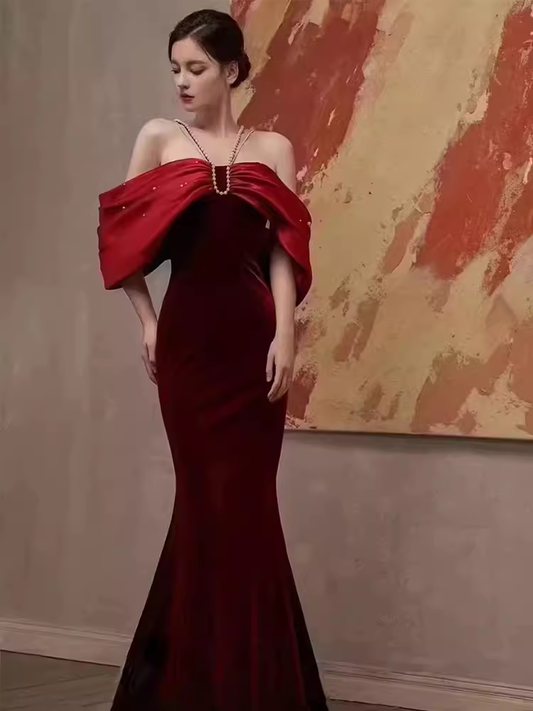 Mermaid Halter Red Velvet Party Dress Long Prom Dress P879